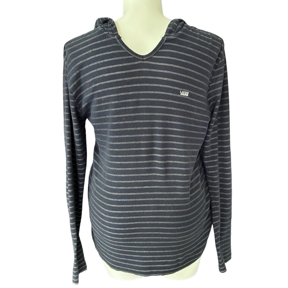 Vans Midnight Blue (Almost Black) Grey STRIPED Thermal Long Sleeve Hoodie EUC L